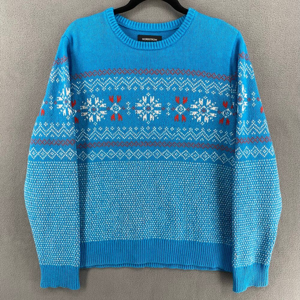 Nordstrom Pima Cotton Blend Fair Isle Crew Neck Long Sleeve Sweater Women M Blue